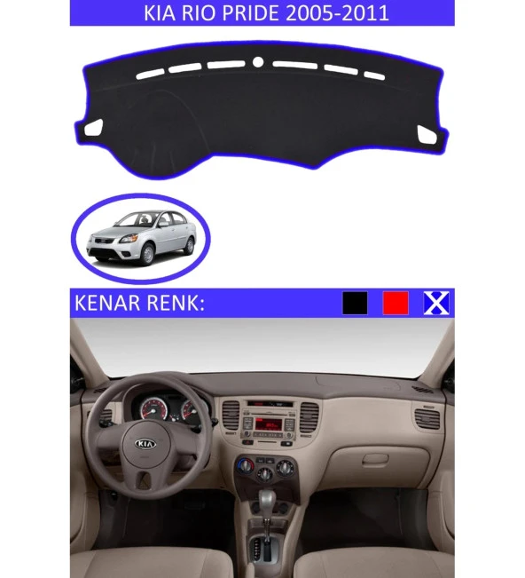 Kia Rio Pride 2005-2011 İçin Uygun Torpido Koruma Halısı Siyah Kenar Renk Mavi