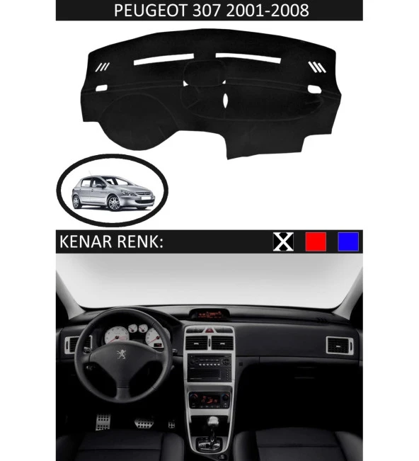 Peugeot 307 2001-2008 İçin Uygun Torpido Koruma Halısı Siyah Kenar Renk Siyah ürün görseli