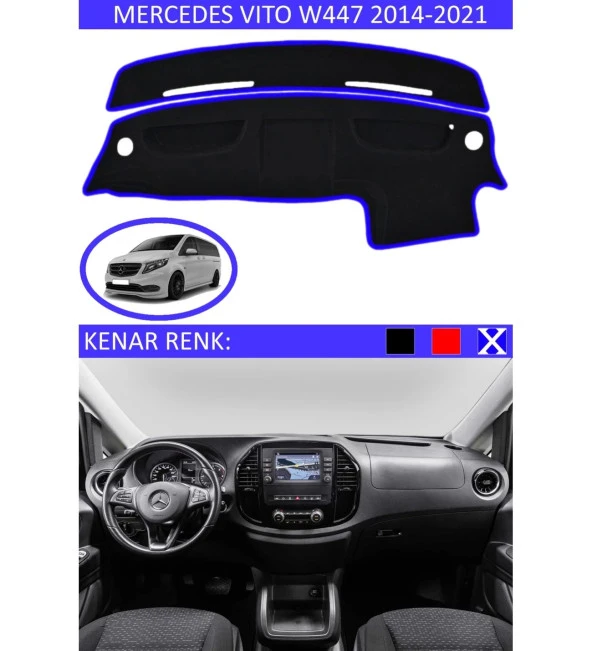 Mercedes Vito W447 2014-2021 İçin Uygun Torpido Koruma Halısı Siyah Kenar Renk Mavi ürün görseli