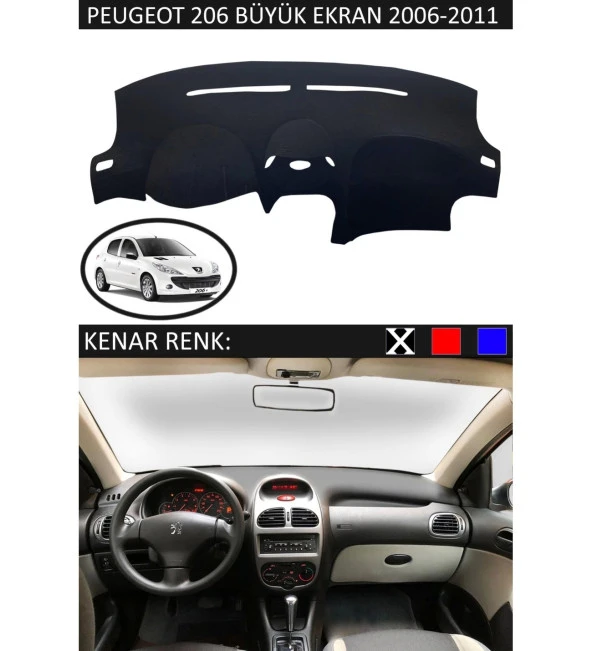 Peugeot 206 2006-2011 İçin Uygun Torpido Koruma Halısı Siyah Kenar Renk Siyah - 1