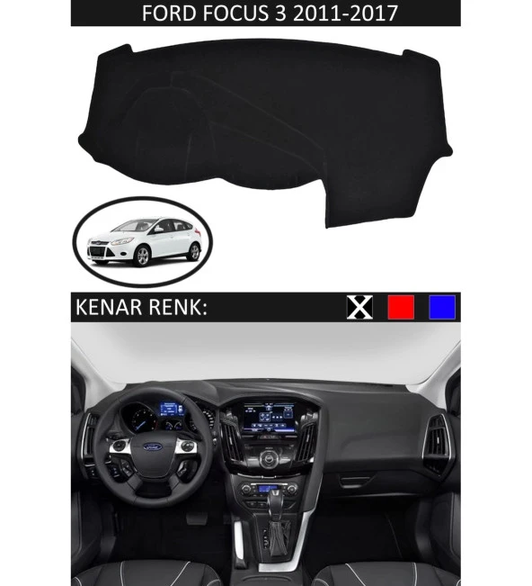 Ford Focus 3 2011-2017 İçin Uygun Torpido Koruma Halısı Siyah Kenar Renk Siyah ürün görseli