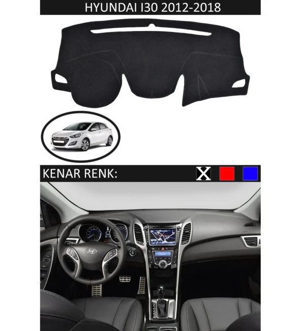 Hyundai İ30 2012-2018 İçin Uygun Torpido Koruma Halısı Siyah Kenar Renk Siyah ürün görseli