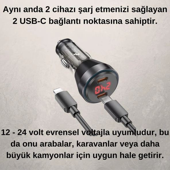 Polham HC 60W 2x Type-C Girişli ve 1mt Type-C to İphone Lightning Kablolu Araç Şarjı,Akım,Voltaj,Isı Korumalı - 9