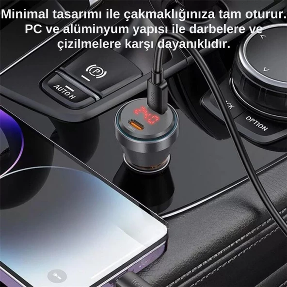 Polham HC 60W 2x Type-C Girişli ve 1mt Type-C to İphone Lightning Kablolu Araç Şarjı,Akım,Voltaj,Isı Korumalı - 8