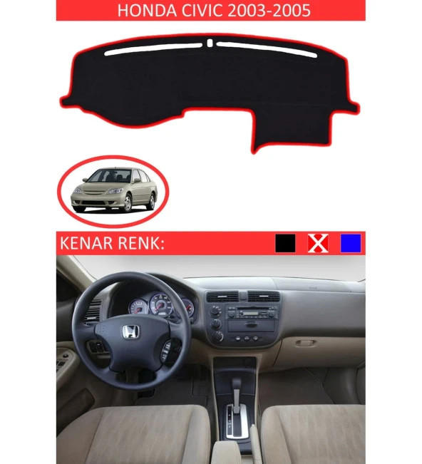 Honda Civic Vtec2 2003-2005 İçin Uygun Torpido Koruma Halısı Siyah Kenar Renk Kırmızı ürün görseli