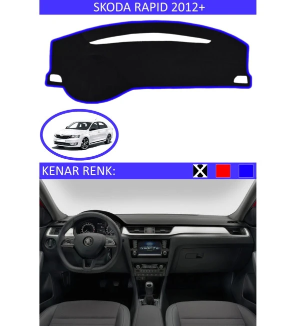 Skoda Rapid 2012+ İçin Uygun Torpido Koruma Halısı Siyah Kenar Renk Mavi