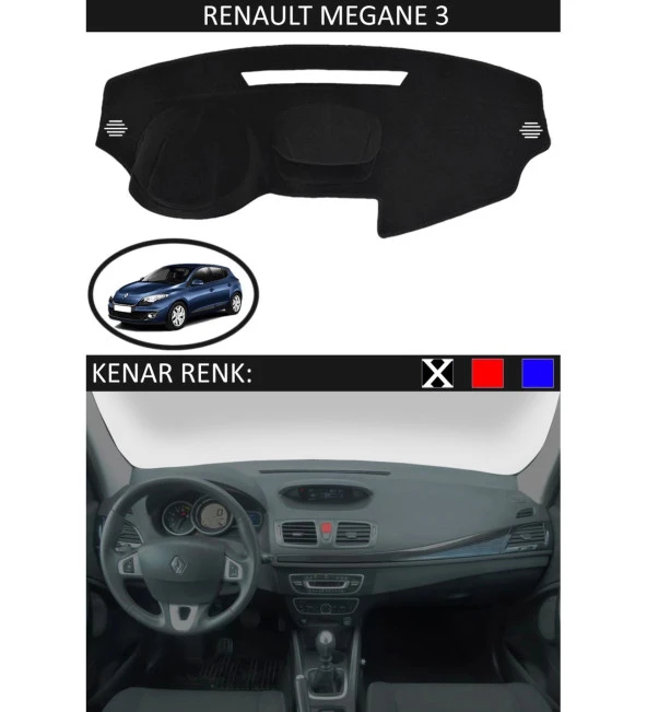 Renault Megane 3 İçin Uygun Torpido Koruma Halısı Siyah Kenar Renk Siyah