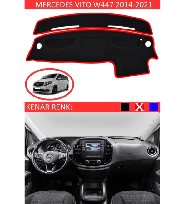 Mercedes Vito W447 2014-2021 İçin Uygun Torpido Koruma Halısı Siyah Kenar Renk Kırmızı ürün görseli