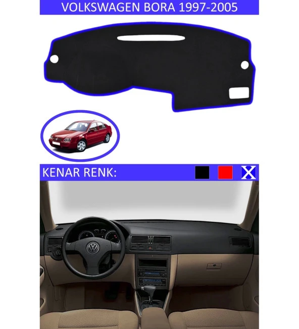 Volkswagen Bora 1997-2005 İçin Uygun Torpido Koruma Halısı Siyah Kenar Renk Mavi ürün görseli
