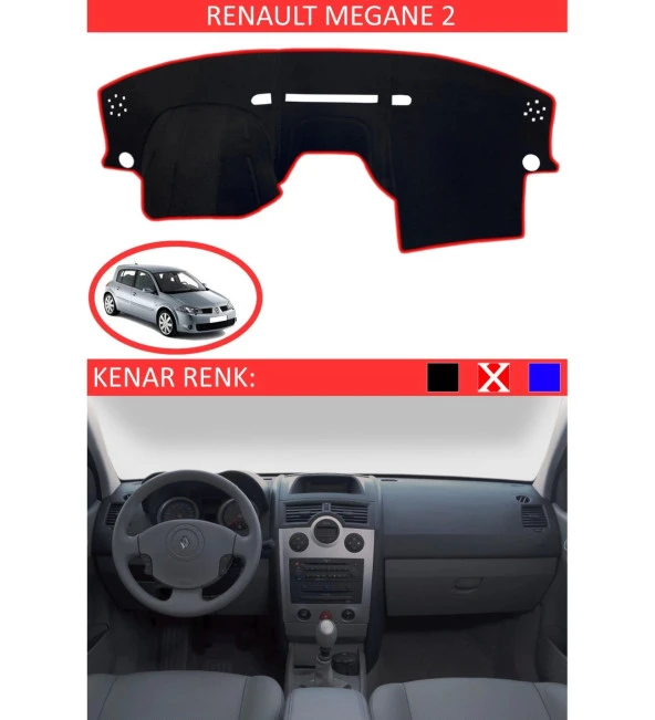 Renault Megane 2 İçin Uygun Torpido Koruma Halısı Siyah Kenar Renk Kırmızı
