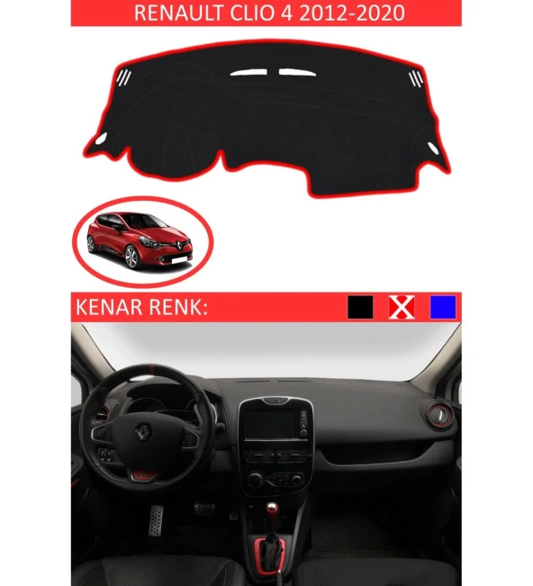 Renault Clio 4 2012-2020 İçin Uygun Torpido Koruma Halısı Siyah Kenar Renk Kırmızı
