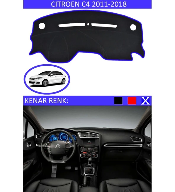 Citroen C4 2011-2018 İçin Uygun Torpido Koruma Halısı Siyah Kenar Renk Mavi ürün görseli