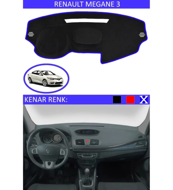 Renault Fluence İçin Uygun Torpido Koruma Halısı Siyah Kenar Renk Mavi ürün görseli