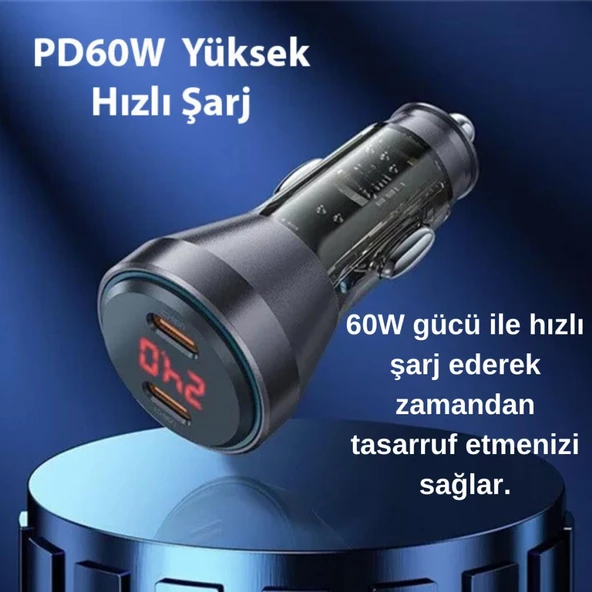 Coofbe Super Şarj  Dijital Göstergeli Çift Type-C Girişli PD60W Araç Şarjı Araç Çakmaklık Hızlı Şarj - 2