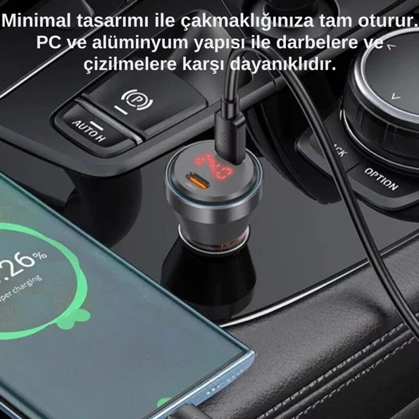 Coofbe Super Şarj  Dijital Göstergeli Çift Type-C Girişli PD60W Araç Şarjı Araç Çakmaklık Hızlı Şarj - 7