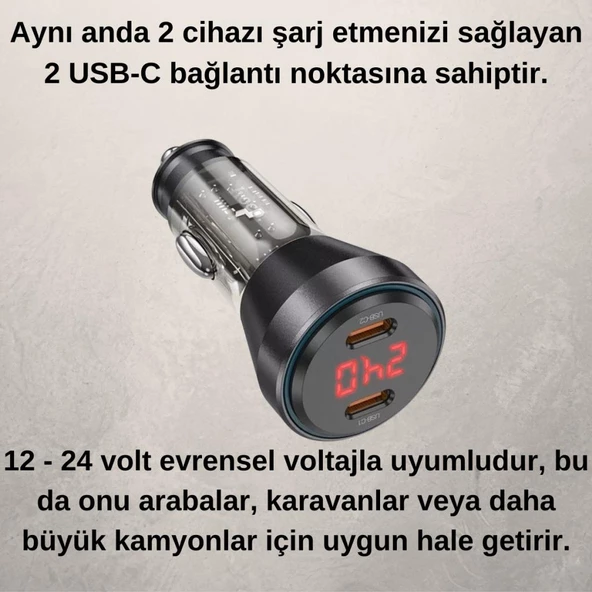 Coofbe Super Şarj  Dijital Göstergeli Çift Type-C Girişli PD60W Araç Şarjı Araç Çakmaklık Hızlı Şarj - 4