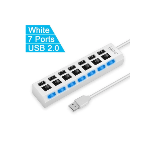 7 Portlu 2.0 Usb Çoklu Usb Çoklayıcı Splitter Power Tuşlu Adaptör Beyaz - 2