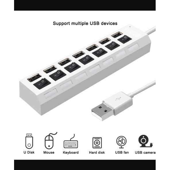 7 Portlu 2.0 Usb Çoklu Usb Çoklayıcı Splitter Power Tuşlu Adaptör Beyaz - 4