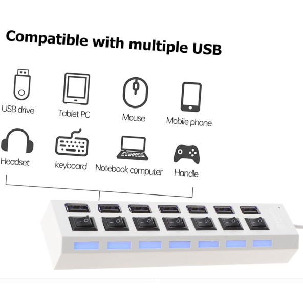 7 Portlu 2.0 Usb Çoklu Usb Çoklayıcı Splitter Power Tuşlu Adaptör Beyaz - 5