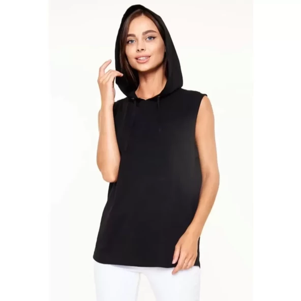 Lucky Life Unisex Kapşonlu Kolsuz Düz Oversize T-shirt - Siyah - 2