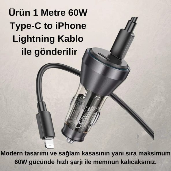Coofbe Super Şarj  Dijital Göstergeli Çift Type-C Girişli PD60W Araç Şarjı Ve İphone Şarj Kablosu - 5