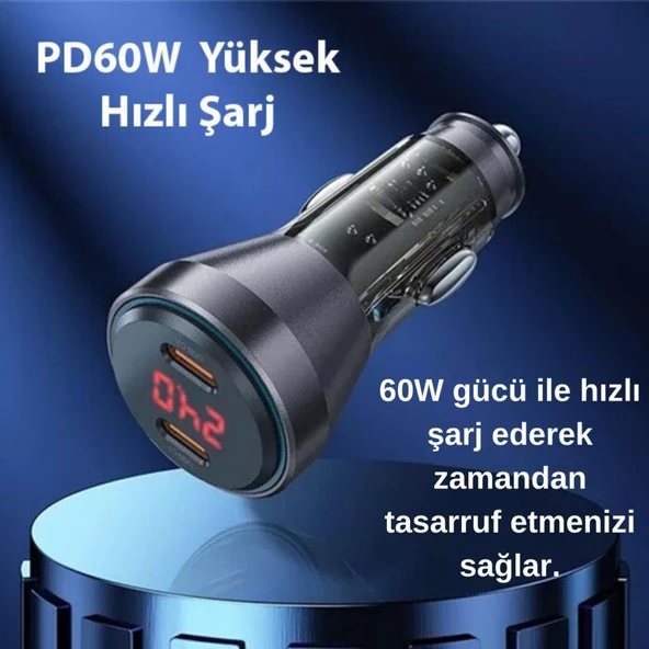 Coofbe Super Şarj  Dijital Göstergeli Çift Type-C Girişli PD60W Araç Şarjı Ve İphone Şarj Kablosu - 2