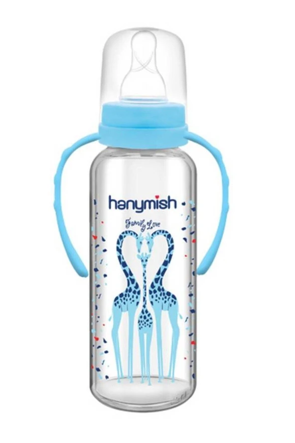 Hanymısh Kulplu Cam Biberon 240 Ml No:1 (0-6 Ay) Mavi