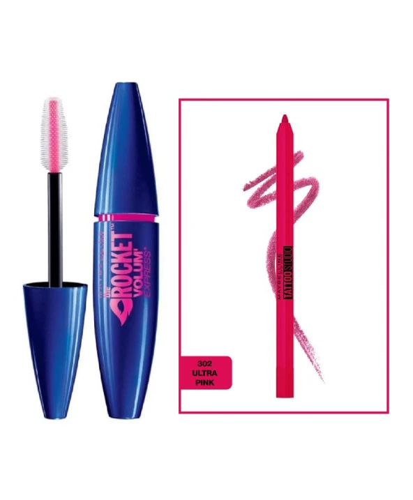 Maybelline New York Maskara Rocket Mascara Siyah & Tattoo Liner Jel Göz Kalemi Ultra Pink 2'li SET