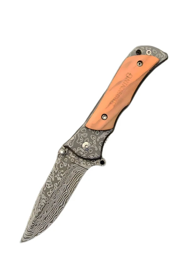 Browning Damascus İşlemeli 21 cm Çakı Ahşap Detay Paslanmaz Çelik Çakı Bıçak Outdoor Kamp