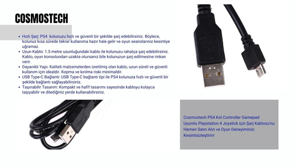 Cosmostech PS4 Kol Controller Gamepad için Uyumlu Joystick Şarj Kablosu - 4