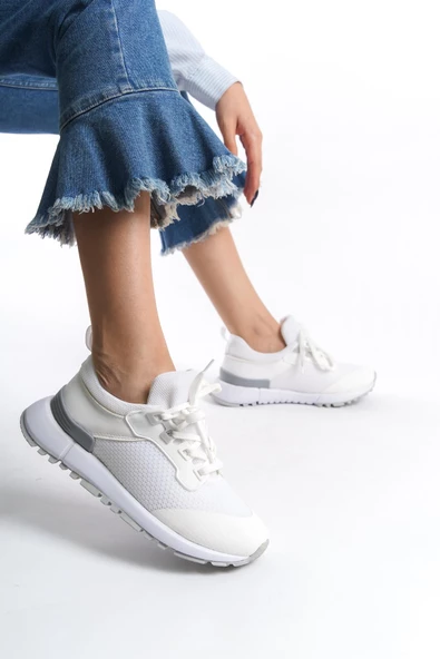 Kadın Bağcıklı File Detaylı Günlük Rahat Spor Ayakkabı Sneaker - 3