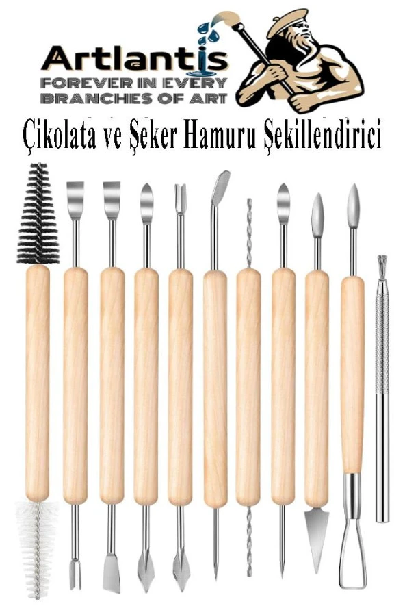 Çikolata ve Şeker Hamuru Fonda Şekillendirici Ahşap Saplı 11 Parça 1 Paket Modelleme Oymacılık Delici Fırçalama