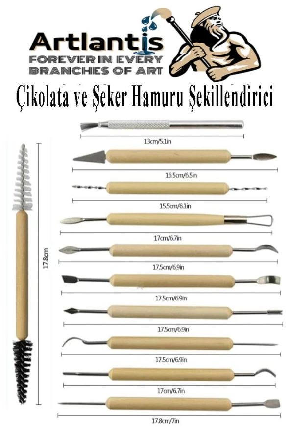 Çikolata ve Şeker Hamuru Fonda Şekillendirici Ahşap Saplı 11 Parça 1 Paket Modelleme Oymacılık Delici Fırçalama - 3