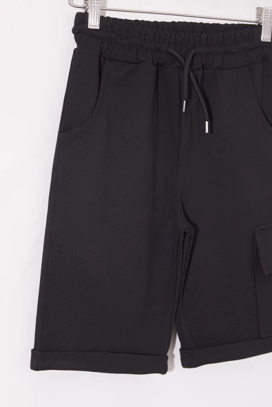 Siyah Tek Kargo Cepli Erkek Çocuk Düz Şort 18806 - 2