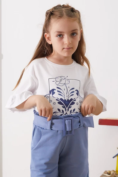İndigo Çiçek Baskılı Kuşaklı Şortlu Kız Çocuk Takım 18898 - 2