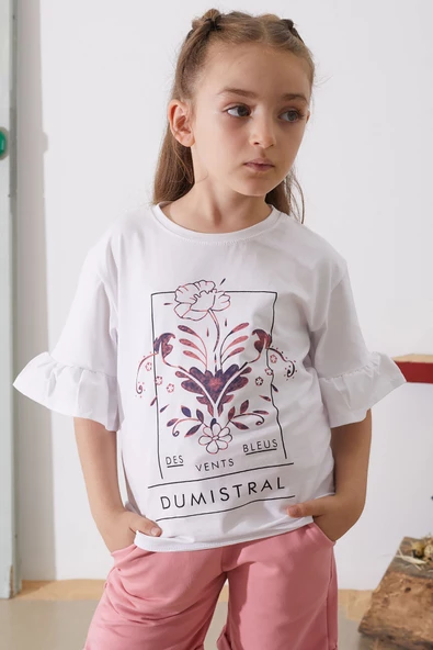 Pembe Çiçek Baskılı Kuşaklı Şortlu Kız Çocuk Takım 18899 - 4