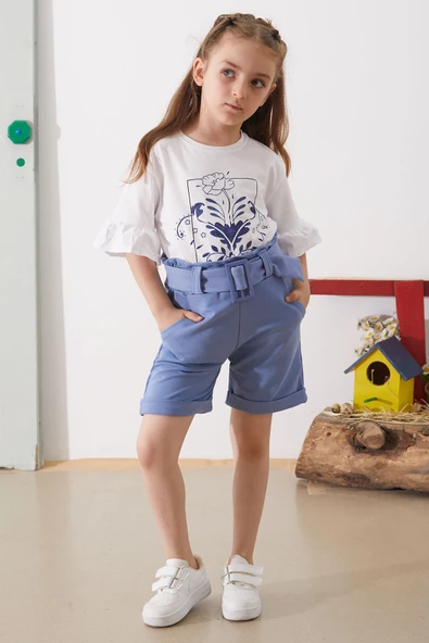 İndigo Çiçek Baskılı Kuşaklı Şortlu Kız Çocuk Takım 18898