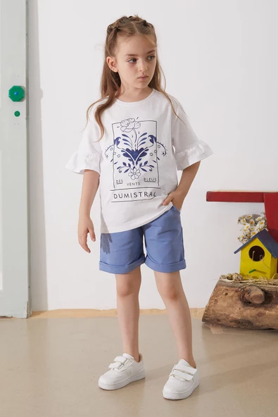 İndigo Çiçek Baskılı Kuşaklı Şortlu Kız Çocuk Takım 18898 - 5