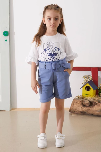 İndigo Çiçek Baskılı Kuşaklı Şortlu Kız Çocuk Takım 18898 - 3