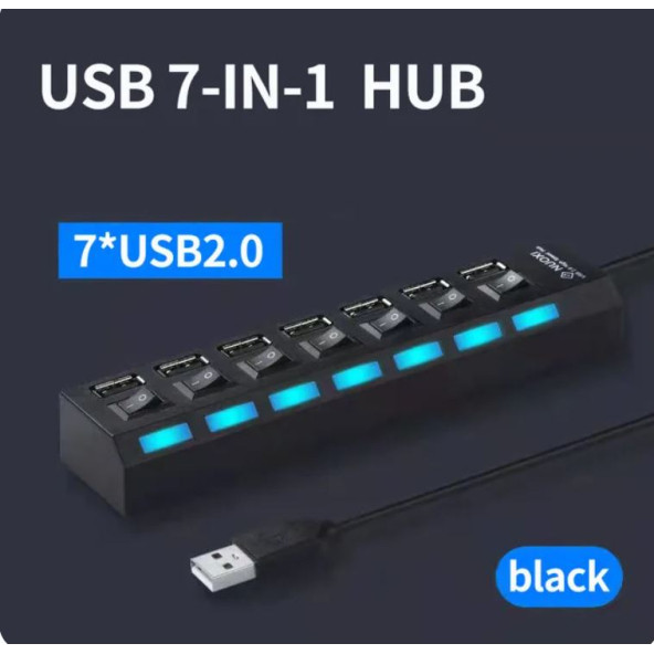 QASUL 7 Port Usb Çoklayıcı Hub Anahtarlı Aç/kapa Düğmeli Işıklı Taşınabilir Usb Güç Adaptörü