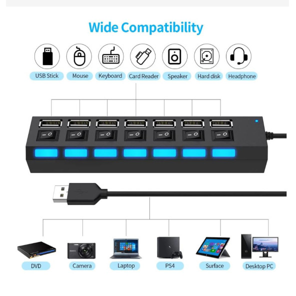 QASUL 7 Port Usb Çoklayıcı Hub Anahtarlı Aç/kapa Düğmeli Işıklı Taşınabilir Usb Güç Adaptörü - 3