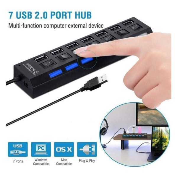 QASUL 7 Port Usb Çoklayıcı Hub Anahtarlı Aç/kapa Düğmeli Işıklı Taşınabilir Usb Güç Adaptörü - 4