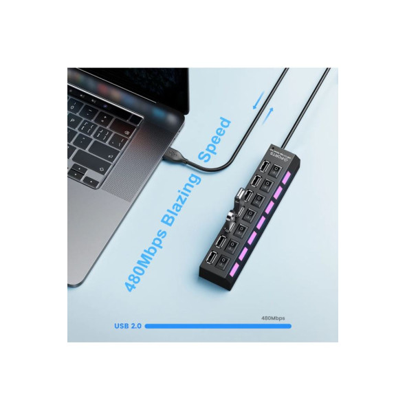 QASUL 7 Port Usb Çoklayıcı Hub Anahtarlı Aç/kapa Düğmeli Işıklı Taşınabilir Usb Güç Adaptörü - 5