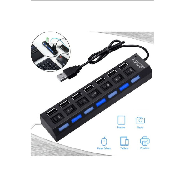 QASUL 7 Port Usb Çoklayıcı Hub Anahtarlı Aç/kapa Düğmeli Işıklı Taşınabilir Usb Güç Adaptörü - 6