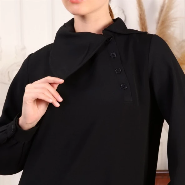 Mucize Yaka Detaylı Tunik Pantolon Sade Basic İkili Takım - 70038.003 - Siyah - 2