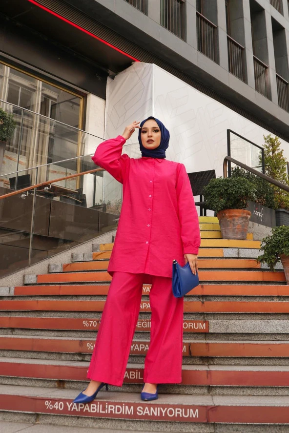 Mistik Çizgi Desenli İkili Gömlek Pantolon Keten Takım - 71095.025 - Fuşya - 2