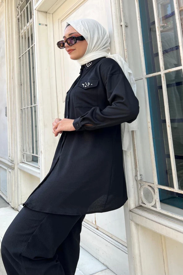 Larisa Cep Detaylı Bürümük İncili Tunik Pantolon Taşlı İkili Takım - 71121.005 - Haki - 3