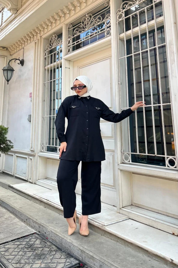 Larisa Cep Detaylı Bürümük İncili Tunik Pantolon Taşlı İkili Takım - 71121.005 - Haki - 4