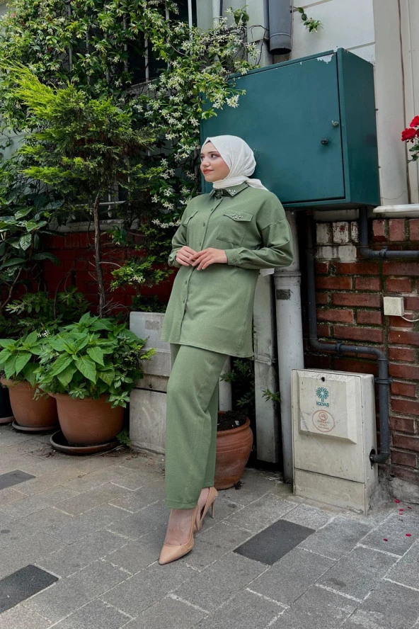 Larisa Cep Detaylı Bürümük İncili Tunik Pantolon Taşlı İkili Takım - 71121.005 - Haki - 2