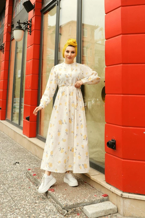 Ritim Çiçek Desenli Keten Elbise - 71100.007 - Sarı - 2